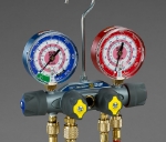 Picture of 49975 Yellow Jacket TITAN® A2L 4-Valve Manifold 3-1/8" (80mm) Gauges, PLUS II™ 1/4" Hoses 60" 3-Pak RYB, 3/8" Vacuum/ Charging Hose 60" Y, R-32/454B/410A