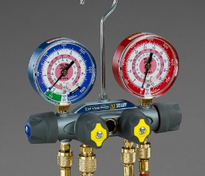 Picture of 49975 Yellow Jacket TITAN® A2L 4-Valve Manifold 3-1/8" (80mm) Gauges, PLUS II™ 1/4" Hoses 60" 3-Pak RYB, 3/8" Vacuum/ Charging Hose 60" Y, R-32/454B/410A